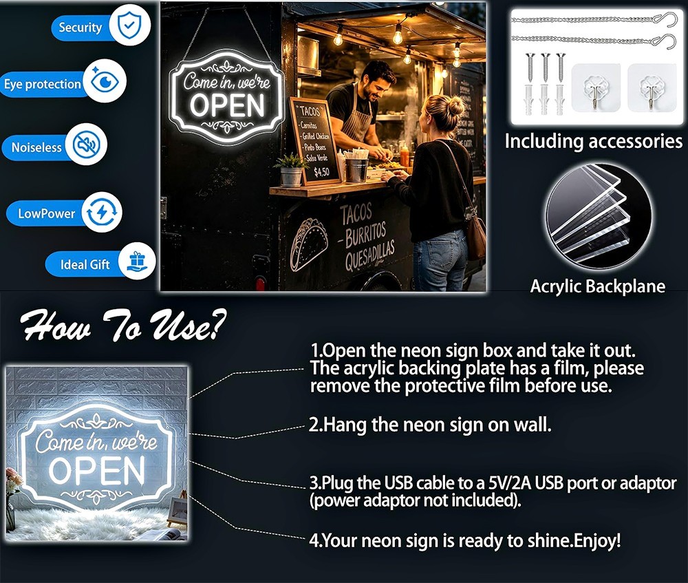 OPEN NEON SIGN FOR BUSINESS SHOP STORE LED OPEN WALL SIGN USB POWERED ACRYLIC