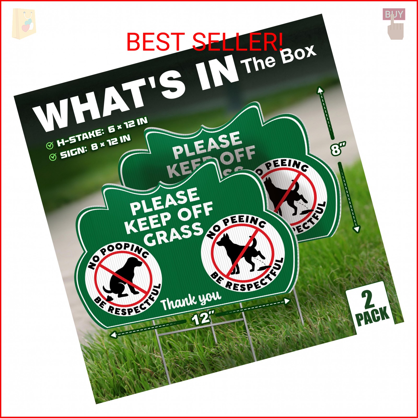 Keep Off Grass Signs for Yard with Stakes, 8 x 12 Inch Double Sided No Dog Poop