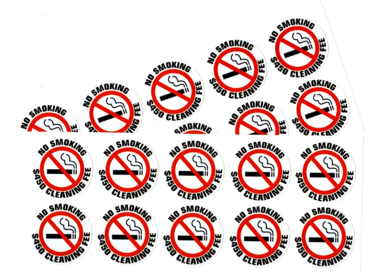 20 – NO SMOKING $450 CLEANING FEE sticker | white | 1.5″ dia | outdoor durable
