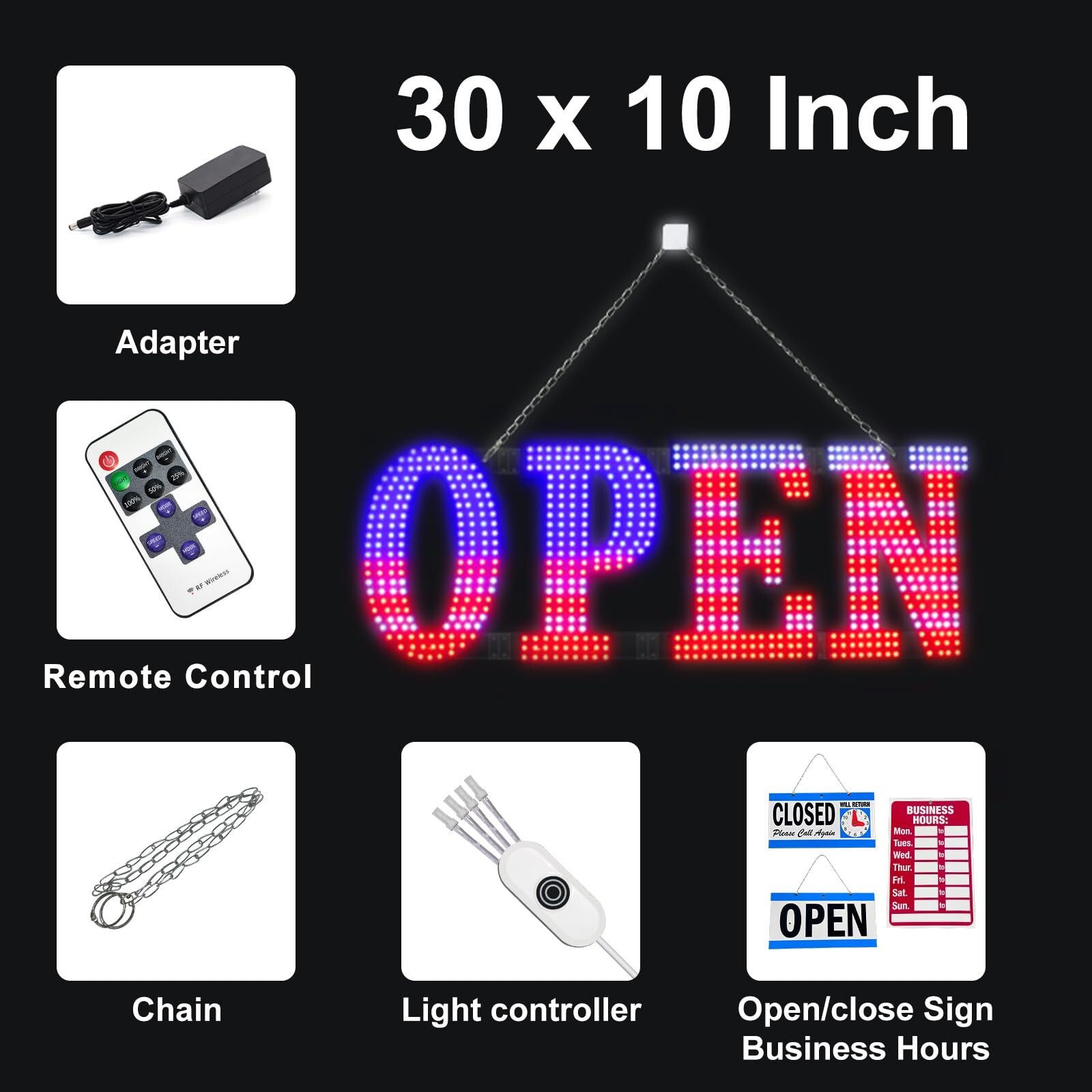 Flashing LED Open Signs for Business, 30″x10″ Large Open LED Sign with 14 Sce…