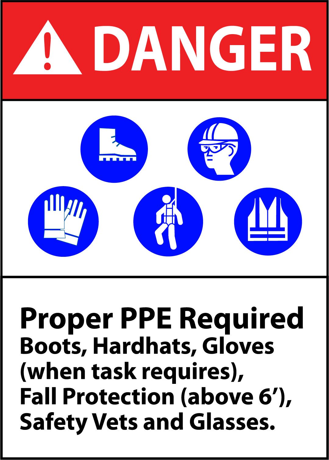 DANGER PROPER PPE REQUIRED BOOTS,HARDHATS,GLOVES | Adhesive Vinyl Sign Decal