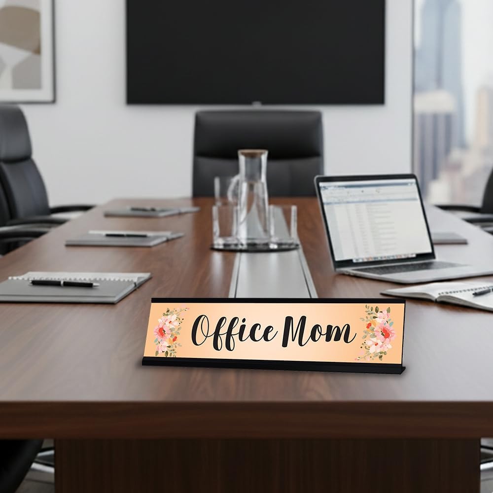 Office Mom, Orange Floral Designer Office Gift Desk Sign (2 x 8″)