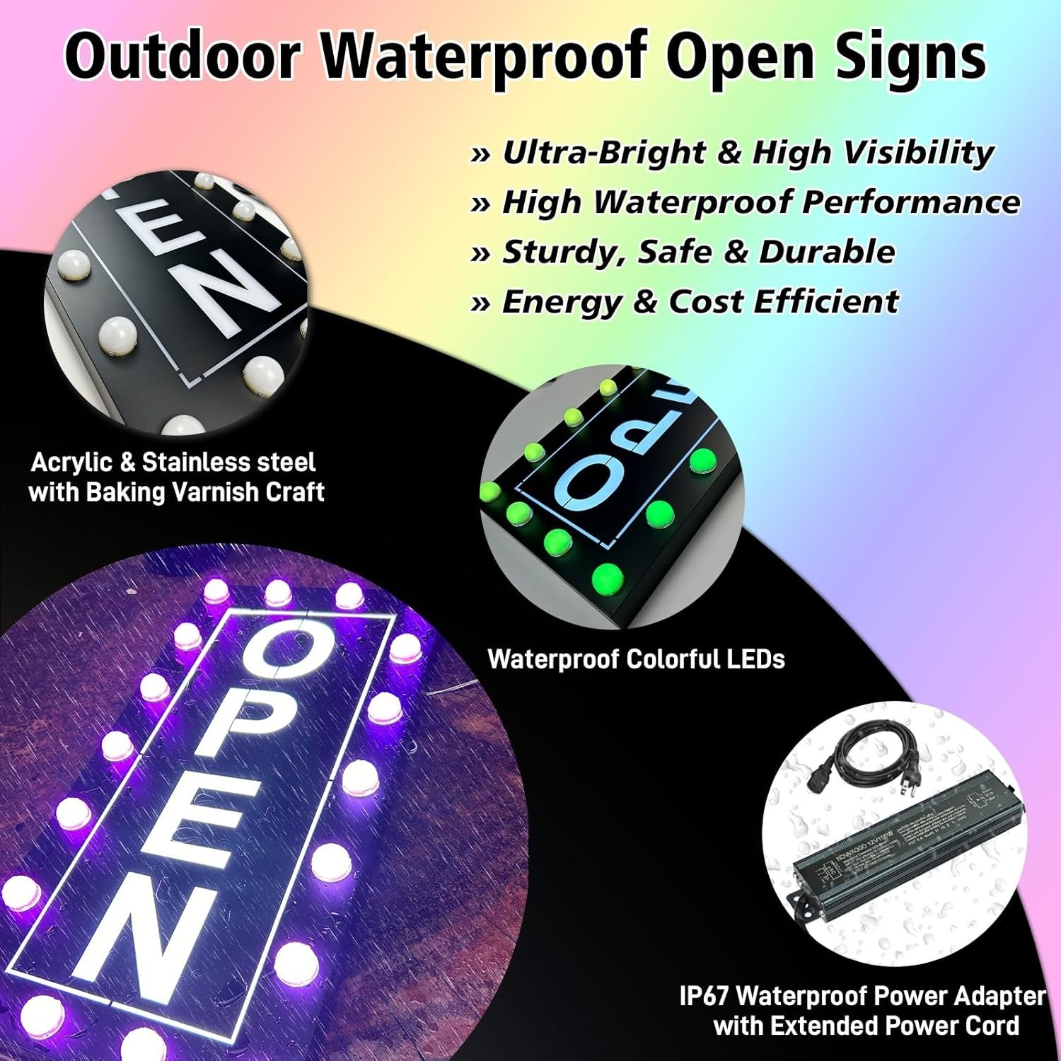 Vibrant Waterproof LED Open Sign – Color Changing RGB for Outdoor Business Use