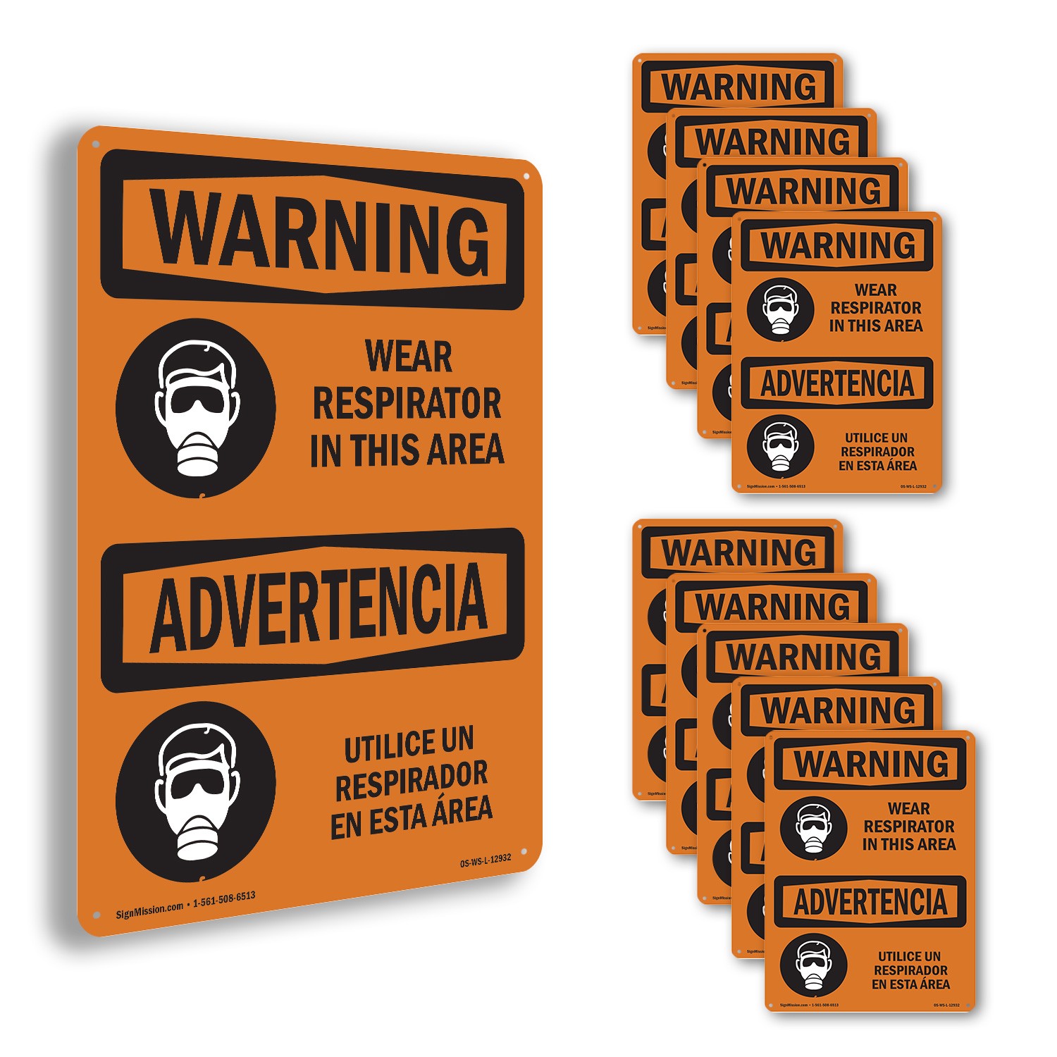 Wear Respirator In This Area Bilingual OSHA WARNING Sign Or Decal – 5 or 10 Pack