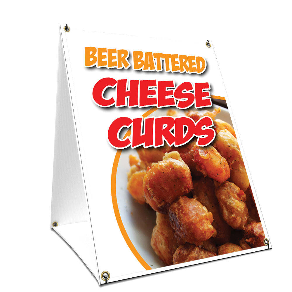 A-frame Sidewalk Beer Battered Cheese Curds Sign With Graphics On Each Side