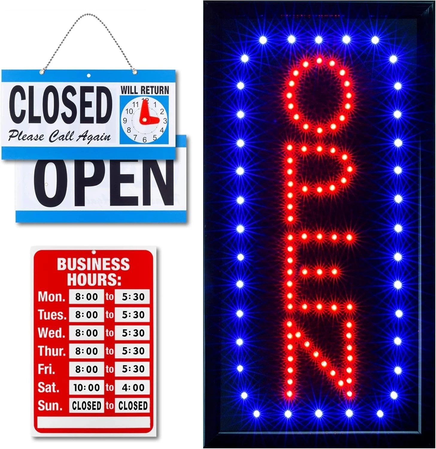 Modern Vertical Neon Open Sign with Business Hours – Easy Installation & Bright
