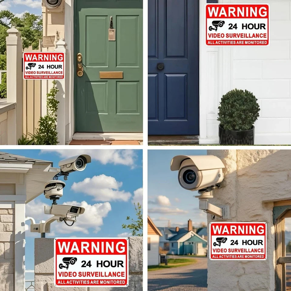 4 Pack Video Surveillance Signs, 8 x 12 Inch Aluminum Camera Signs, CCTV Securit