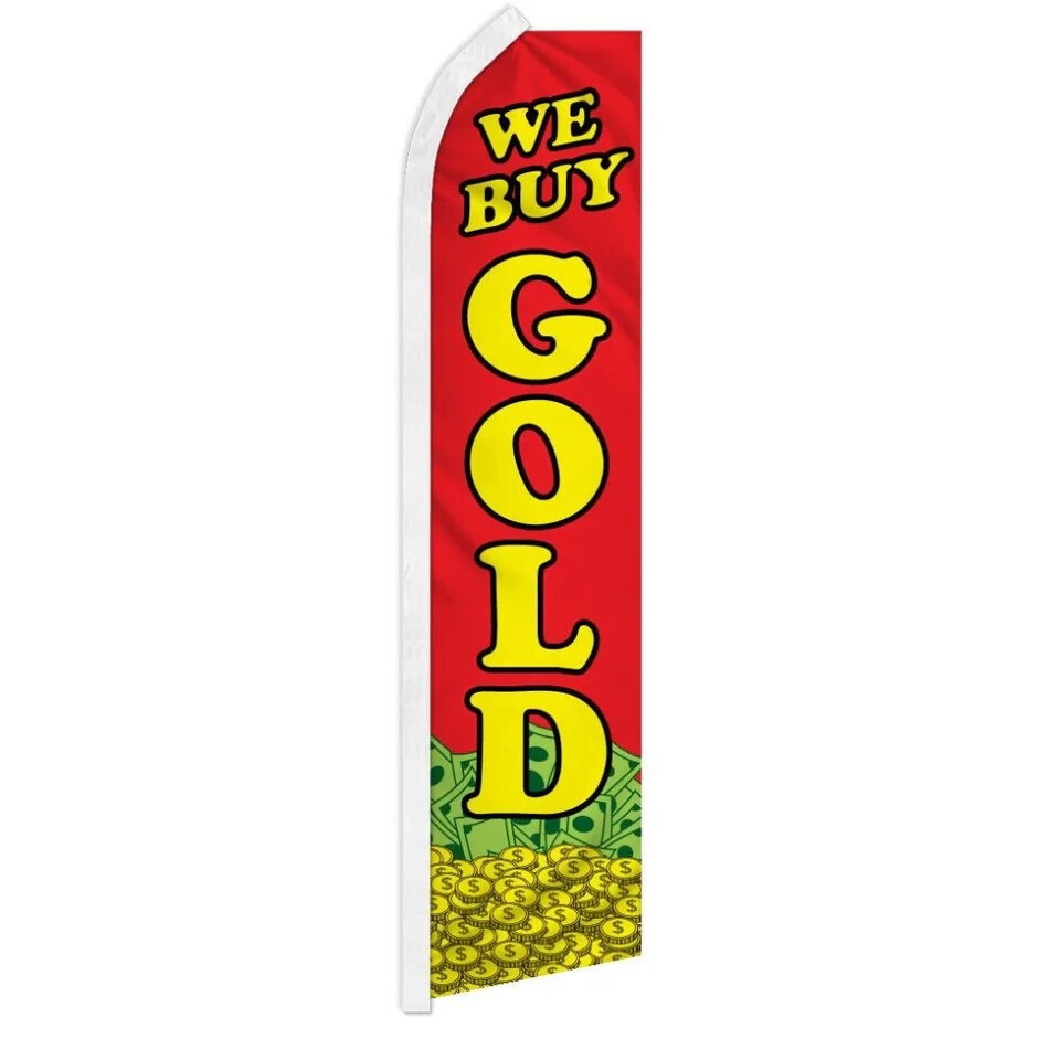 We Buy Gold (Red) Swooper Advertising Banner Flag for Pawn Shop Gold Exchange