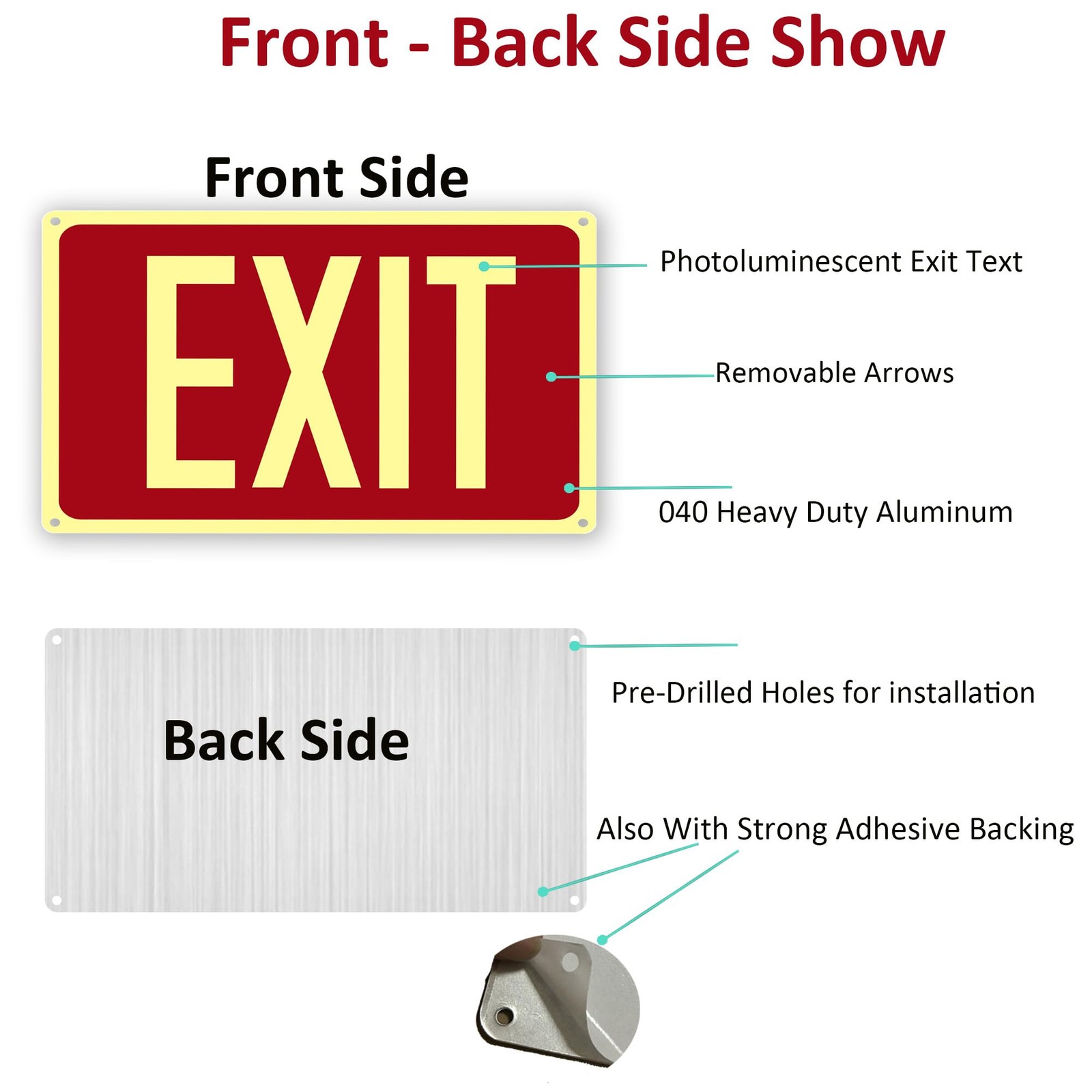 4Pack Photoluminescent Exit Sign Red, 14″x 10″ Aluminum Glow In The Dark Exit…