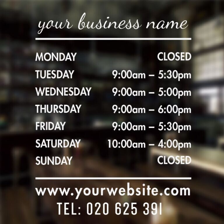 Custom Business Store Hours Sign Decal Sticker 12×18 EXTERIOR Window Door