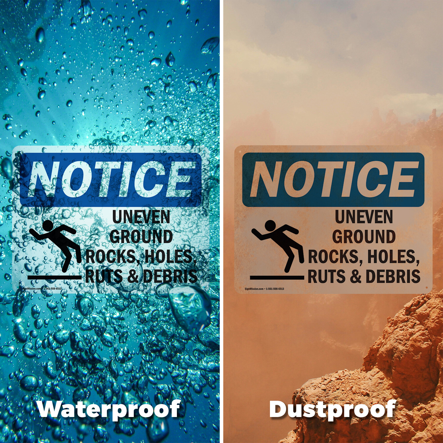 (2 Pack) Uneven Ground Rocks Holes OSHA Notice Sign Decal Metal Plastic
