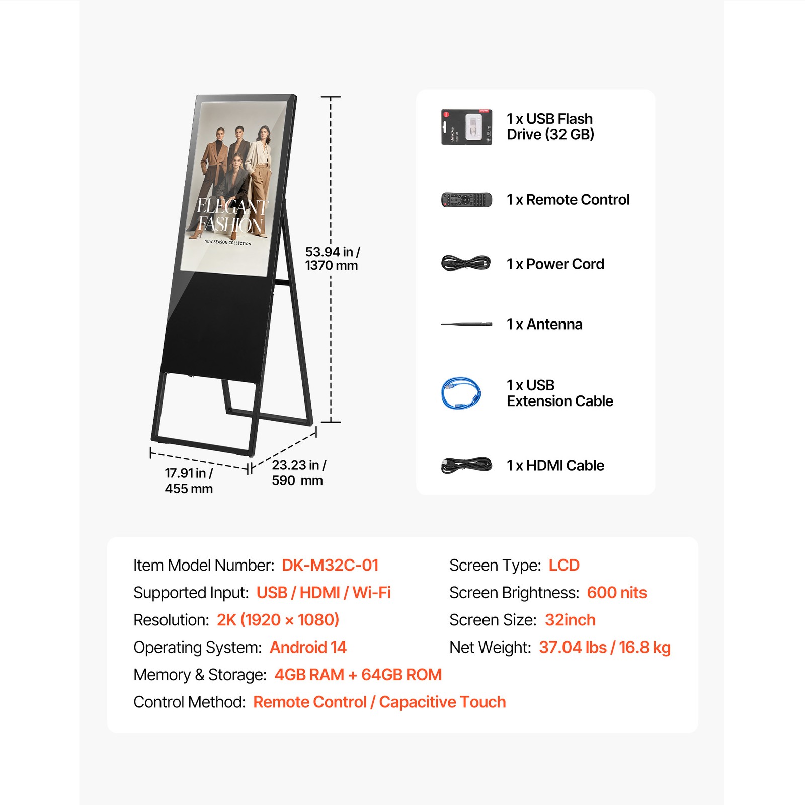 Uimoso 32in Indoor Digital Signage Floor Stand Advertising Display LCD Screen