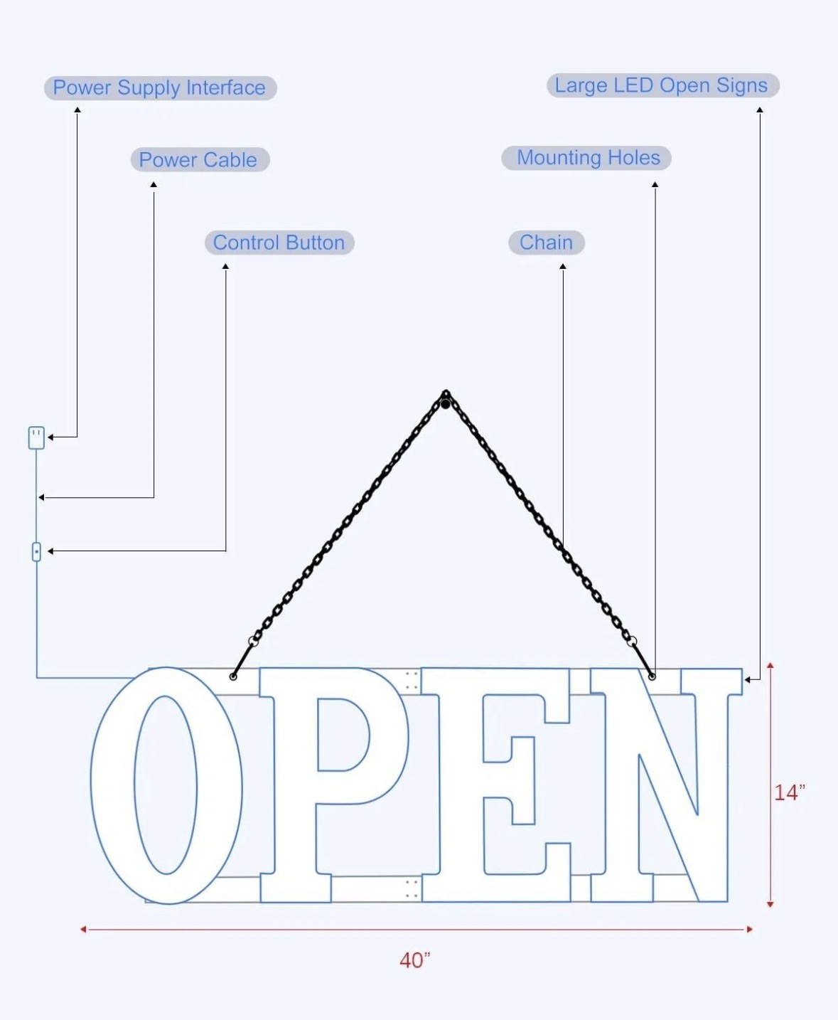 40″x14″Bright LargeLED Open Sign for Business withHanging Installation-white