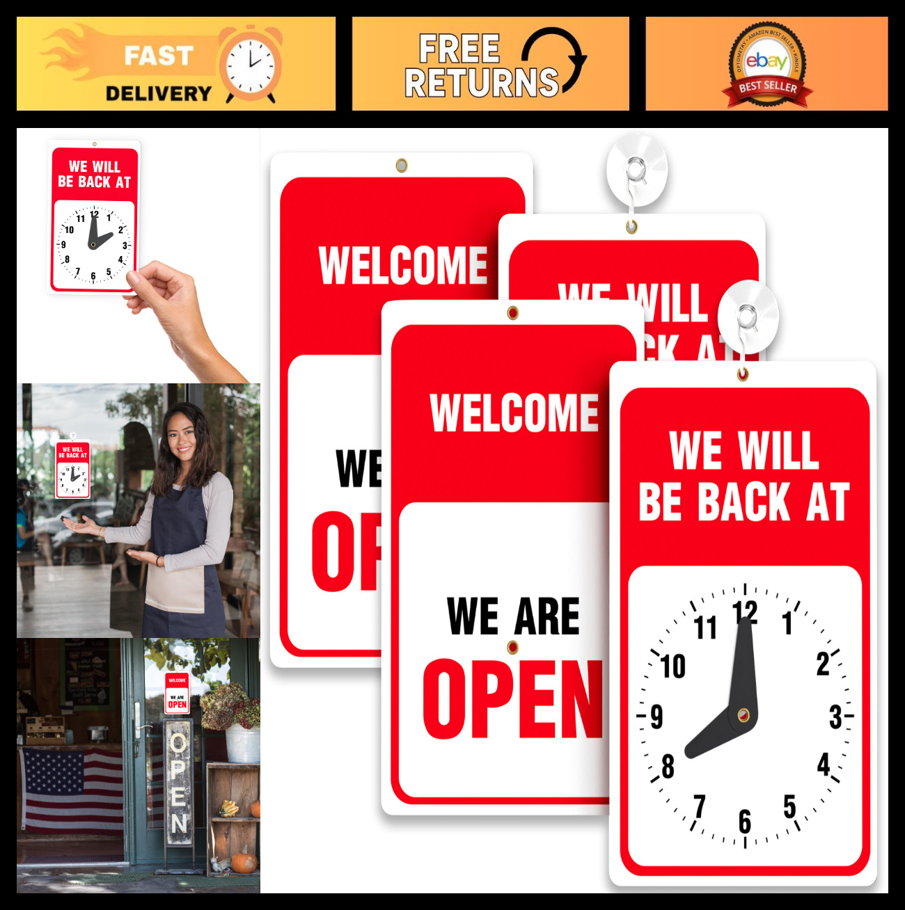 Will Return Sign with Clock – 2 Pack – 9.25×5.75 Inch – Bright Red & White – Suc