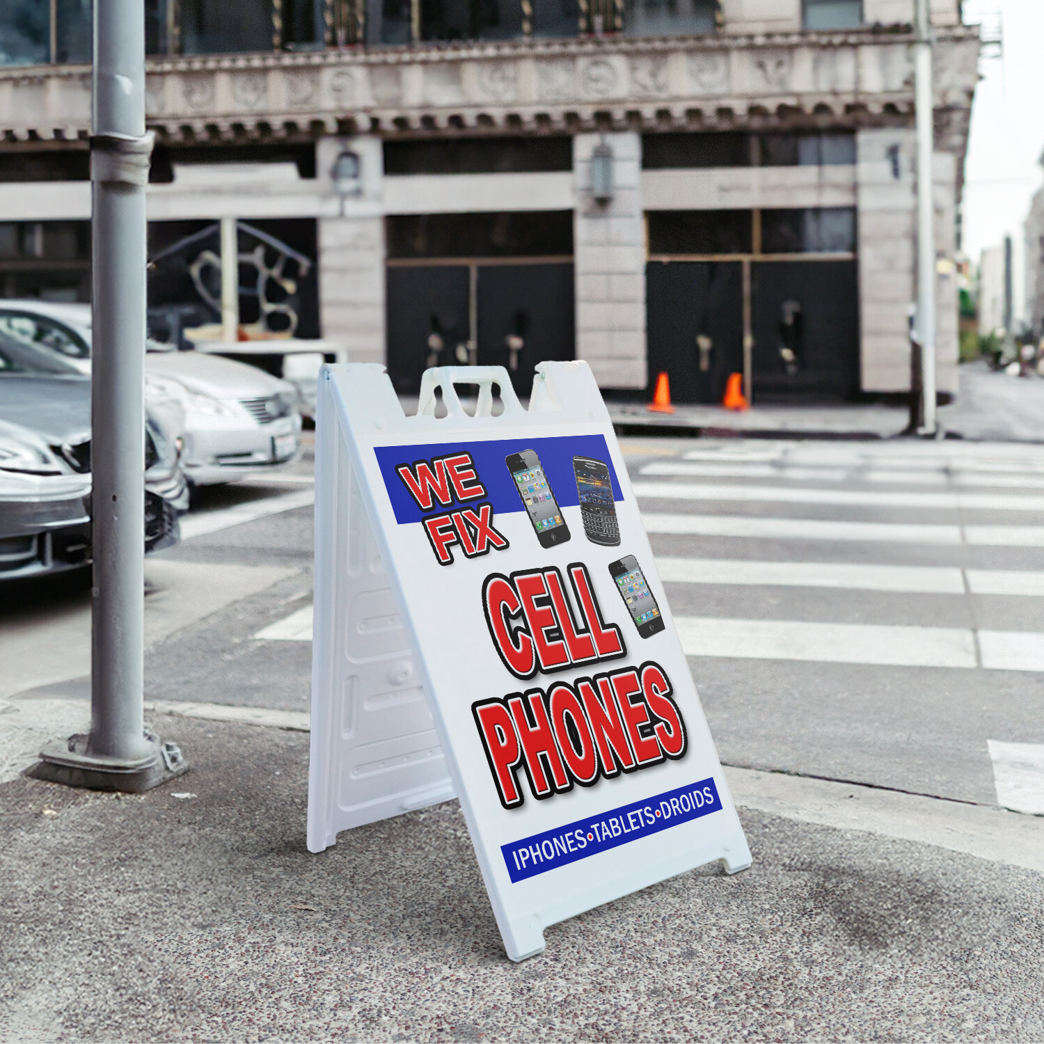 A-frame Sidewalk We Fix Cell Phones 24″ x 36″ Double Sided A-Frame Sidewalk Sign