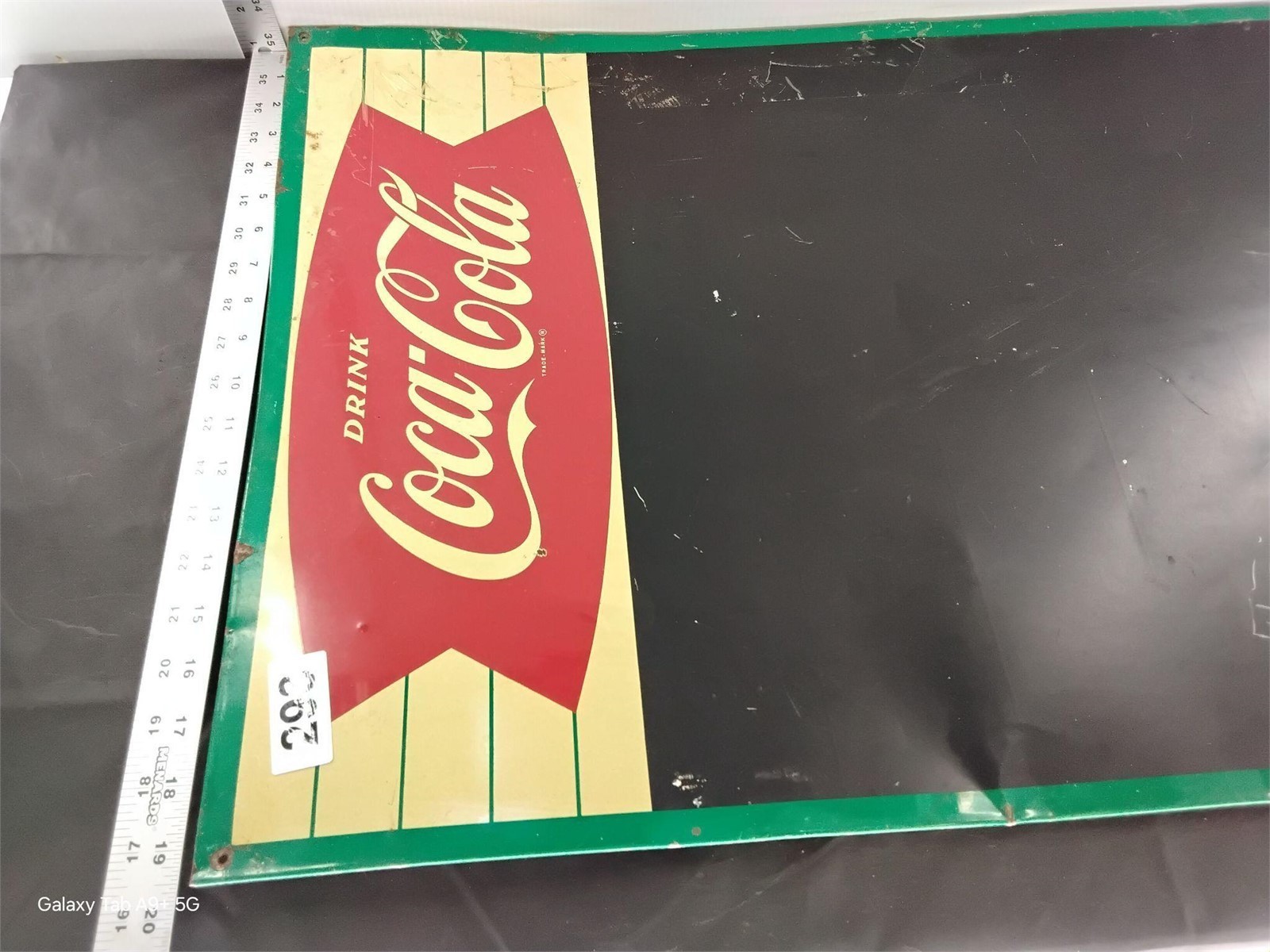 Coca Cola Green Border Fishtail Logo Chalkboard Sign vintage soda 28″ 1963 metal