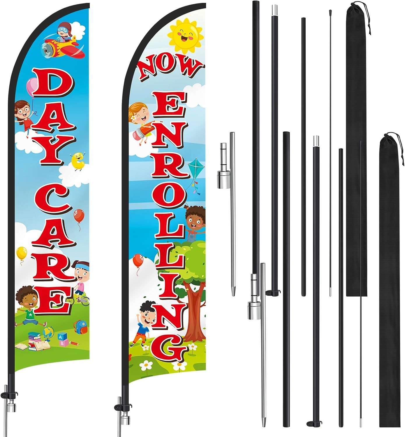 2 Pack 15ft x 2.5ft Now Enrolling Childcare Feather Flag Set Swooper Flag