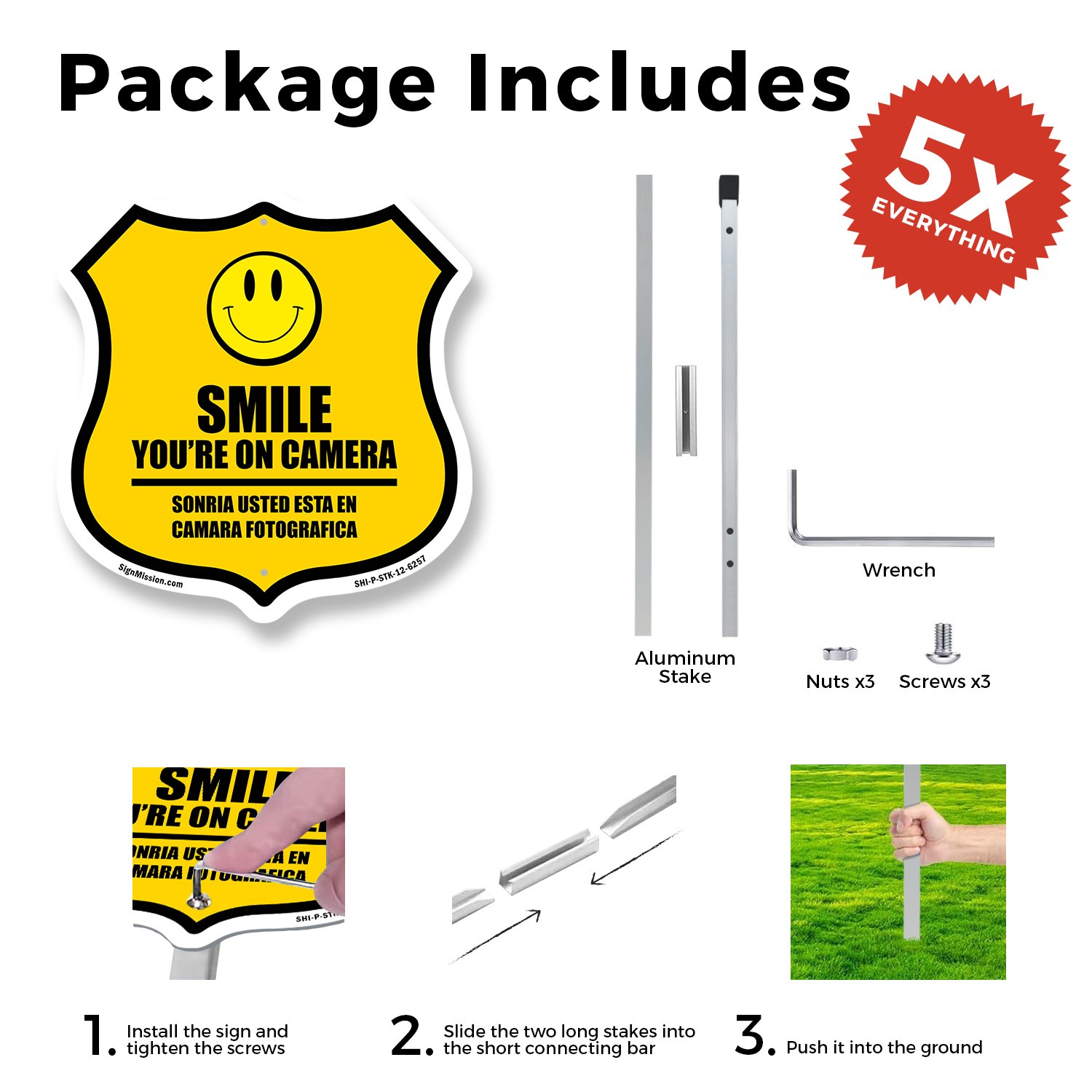 Smile You’re On Camera Bilingual English / Spanish Shield Shaped Sign With Stake