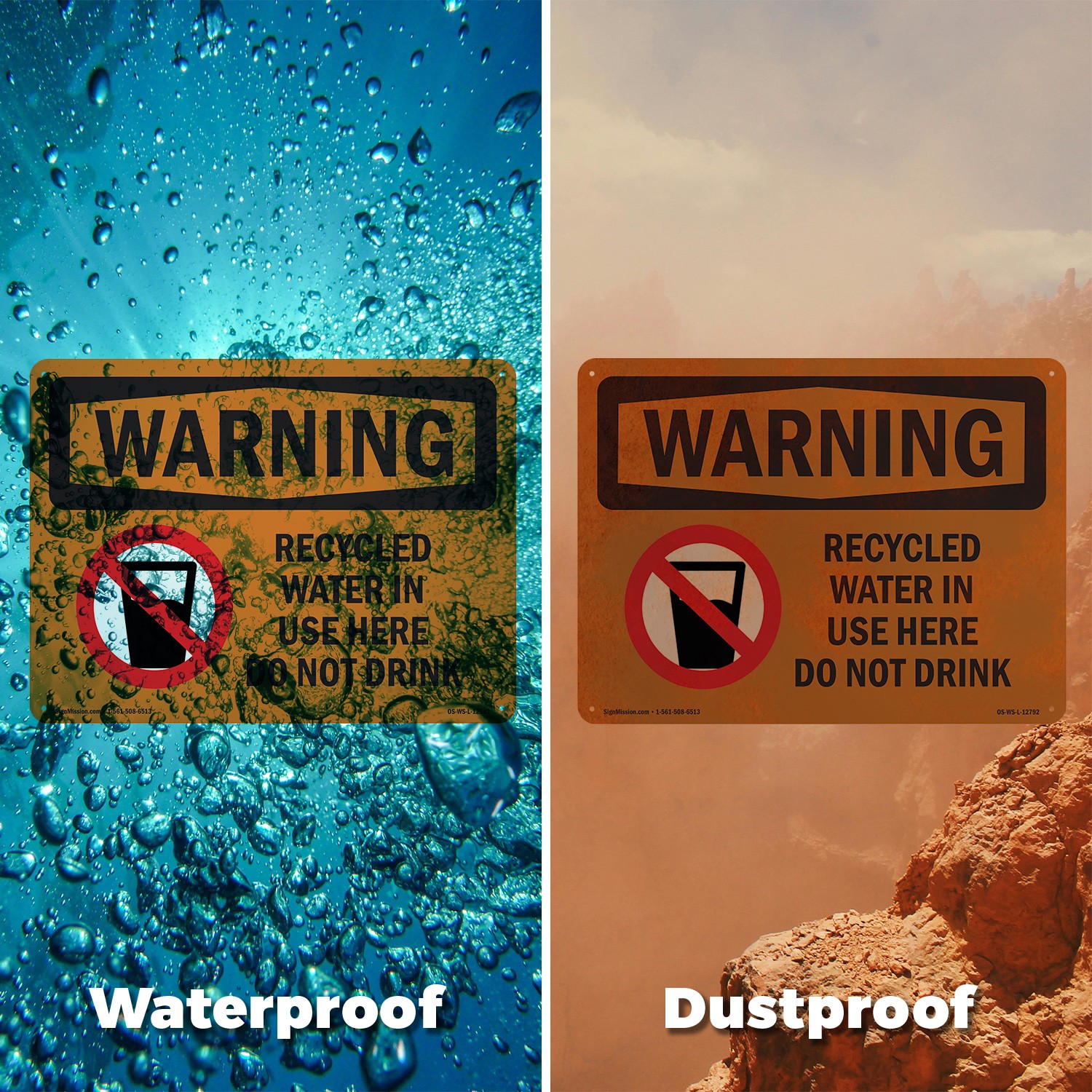 Recycled Water In Use Here Do Not Drink OSHA WARNING Sign, Decal 5 or 10 Pack