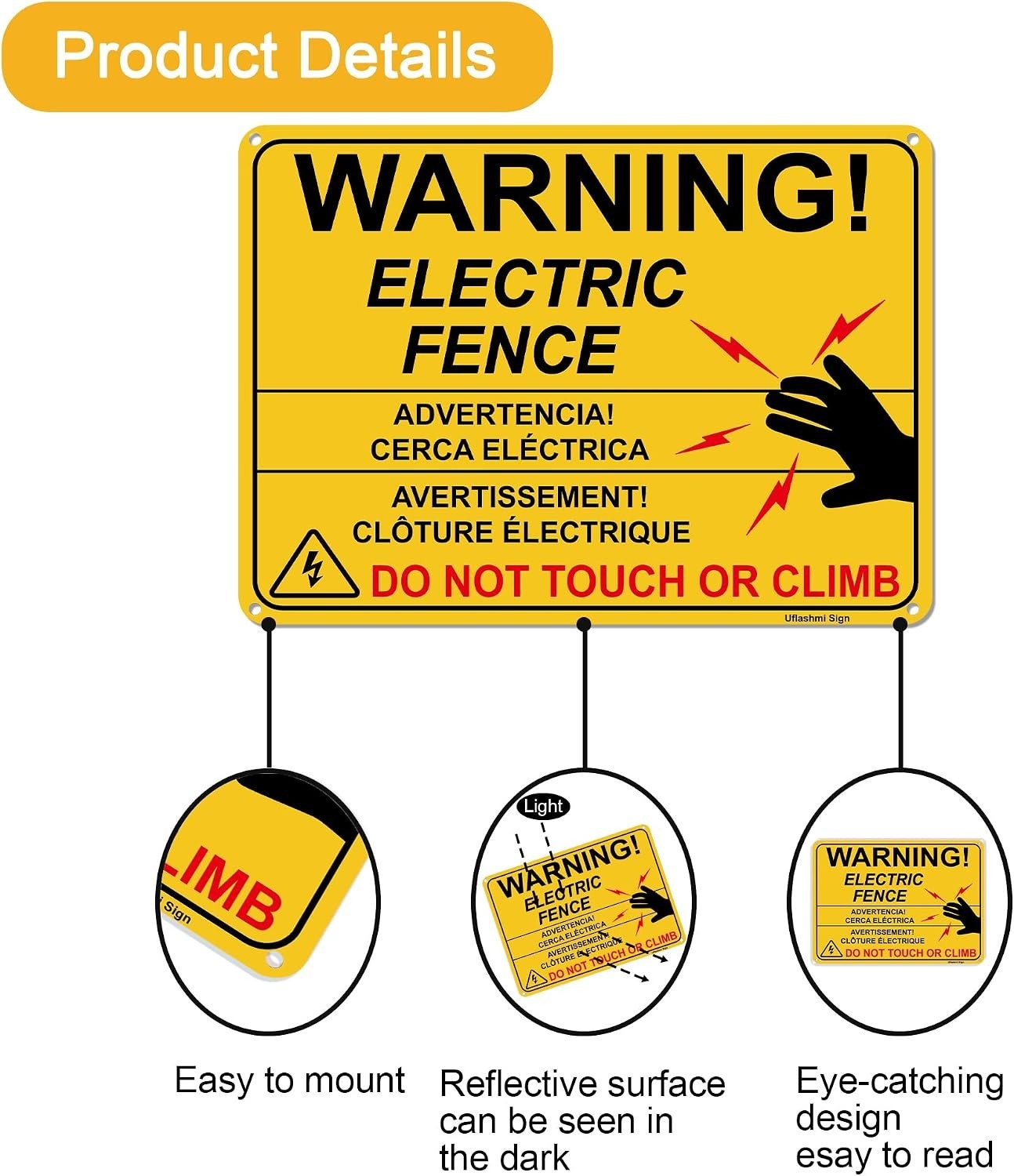 Electric Fence Warning Sign, Metal s, 10” x 7”, 2 Pack