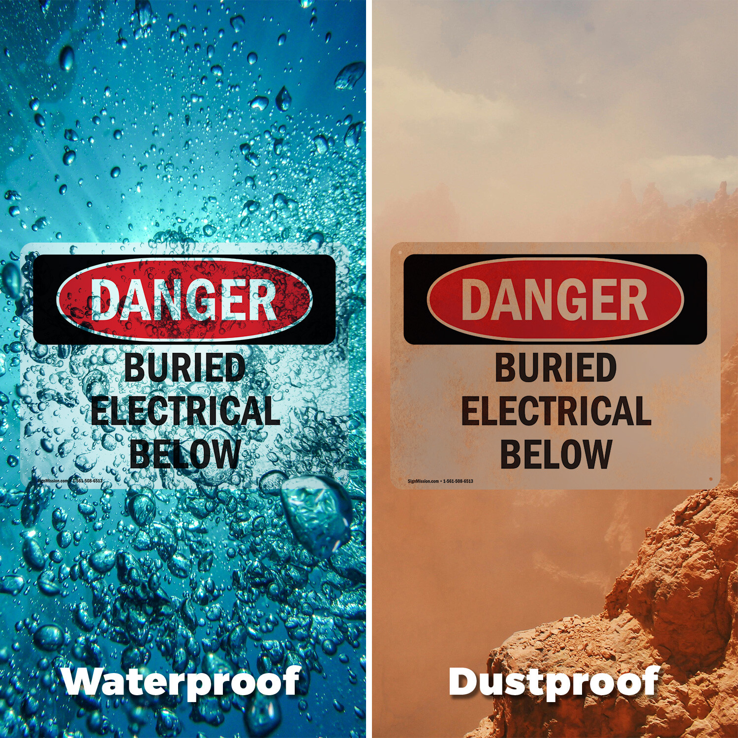 (2 Pack) Buried Electrical Below OSHA Danger Sign Decal Metal Plastic