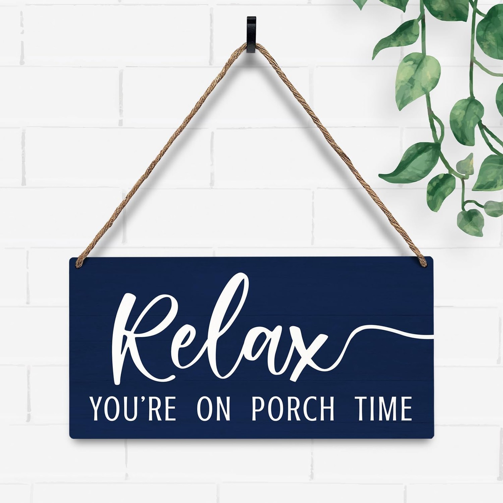 Relax Front Door Sign, Wood Hanging Wall Decor, 12×6 Inch Navy Blue Porch Sign