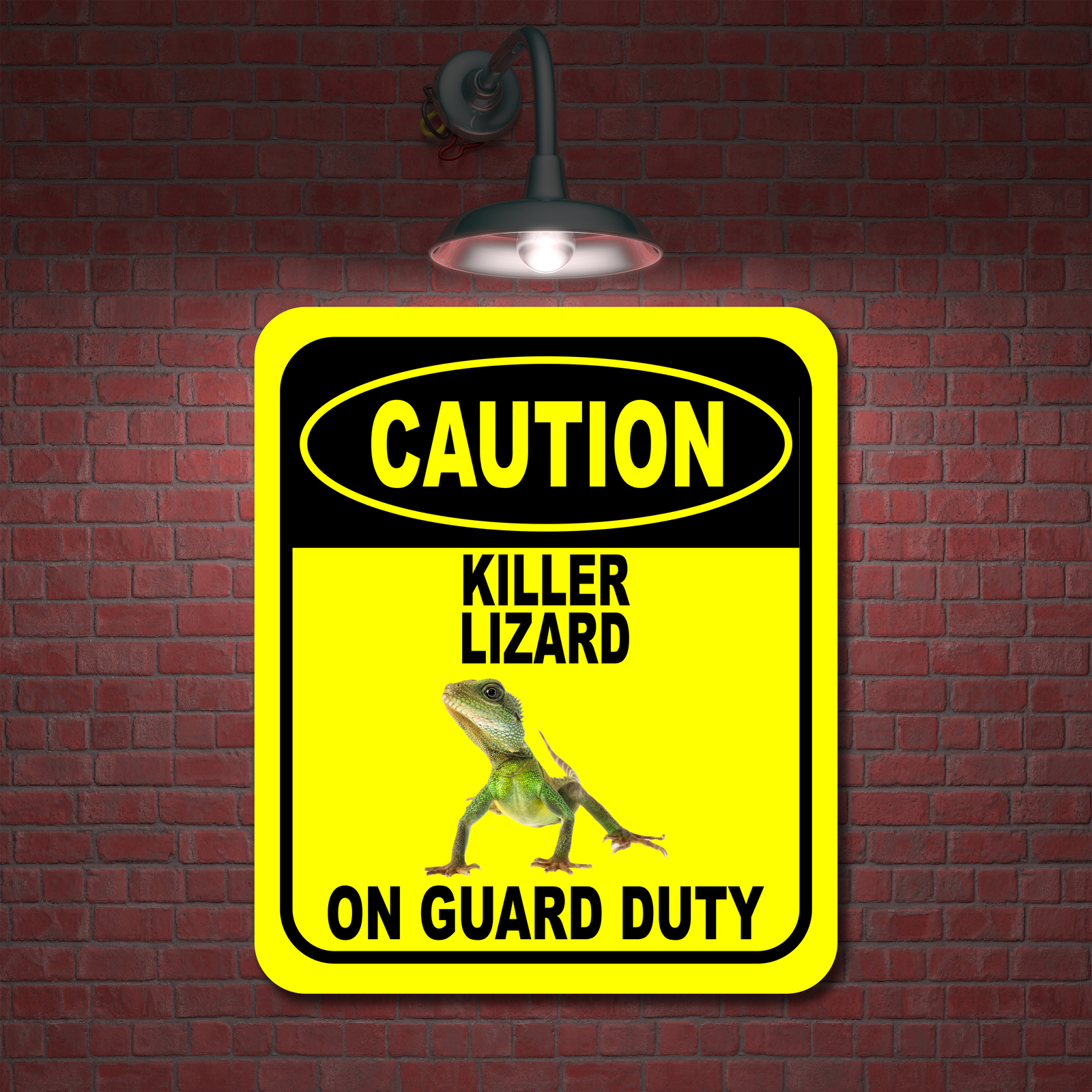 CAUTION KILLER LIZARD ON GUARD DUTY yellow Aluminum Composite Sign