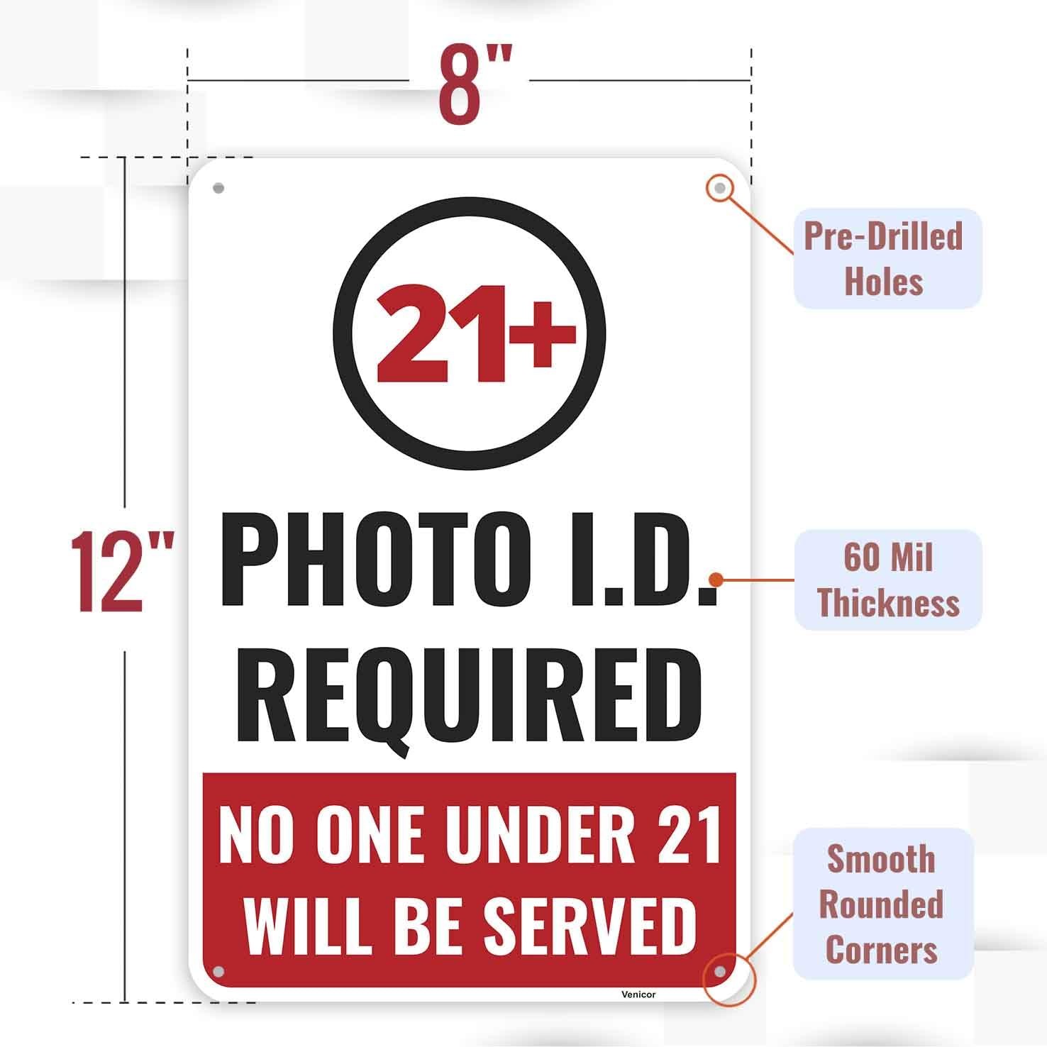 1PC 21+ Photo ID Required Sign, 12 x 8 Inches – Aluminum
