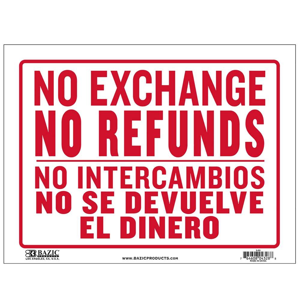 BAZIC 9″ X 12″ No Intercambios No Se Devuelve El Dinero Sign, pack of 24
