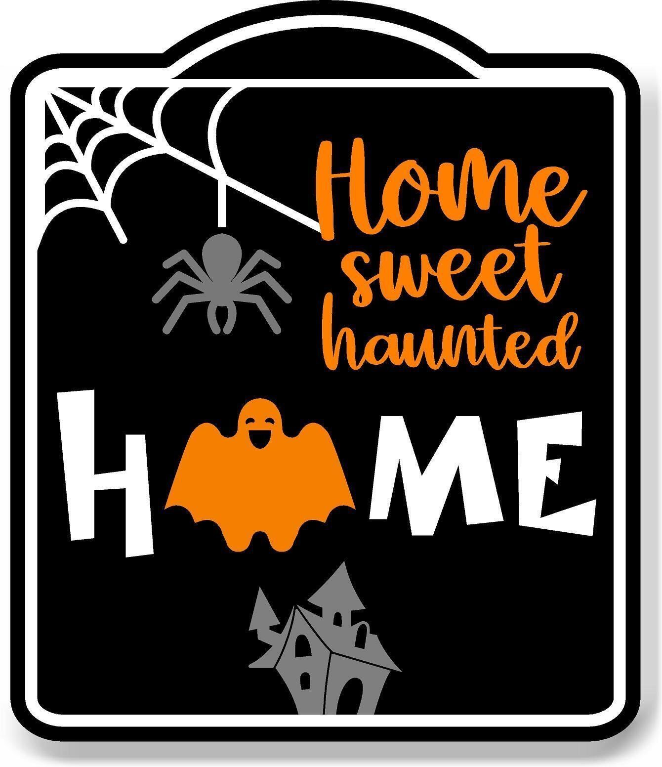 Home Sweet Haunted Home Orange Ghost BLACK Aluminum Composite Sign