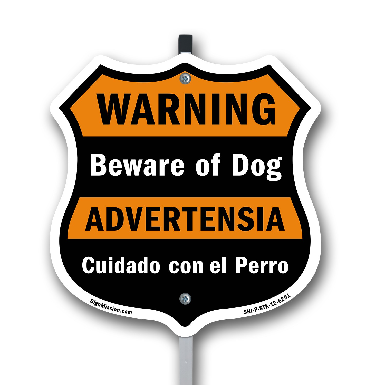 Beware of Dog Bilingual English / Spanish Shield Shaped Sign With Stake