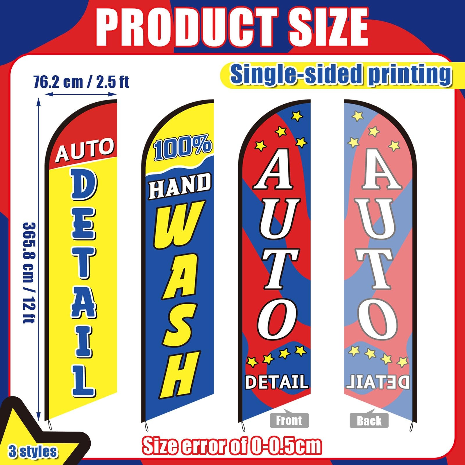 3 Pack Car Wash Sign Feather Flag 12 x 2.5 ft Auto Detail Hand Wash Windless …