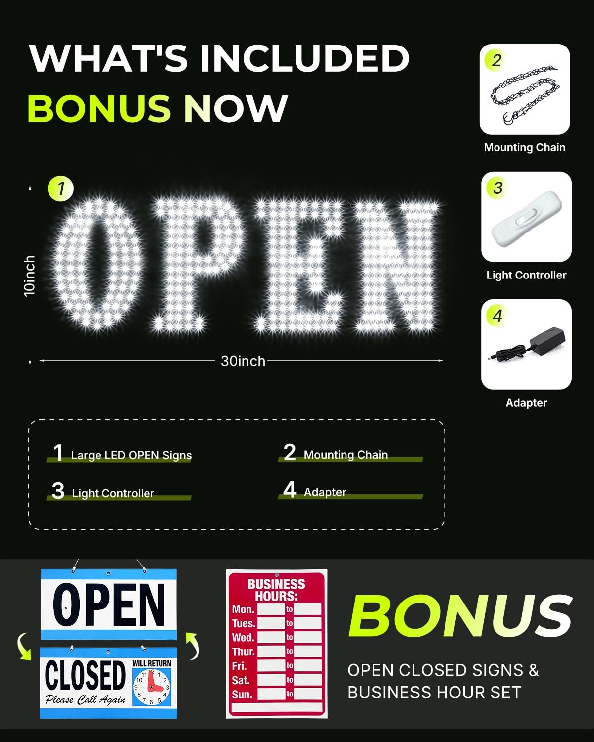 30″x10″ Large LED Open Signs for Business Super Bright 30″ x 10″, White