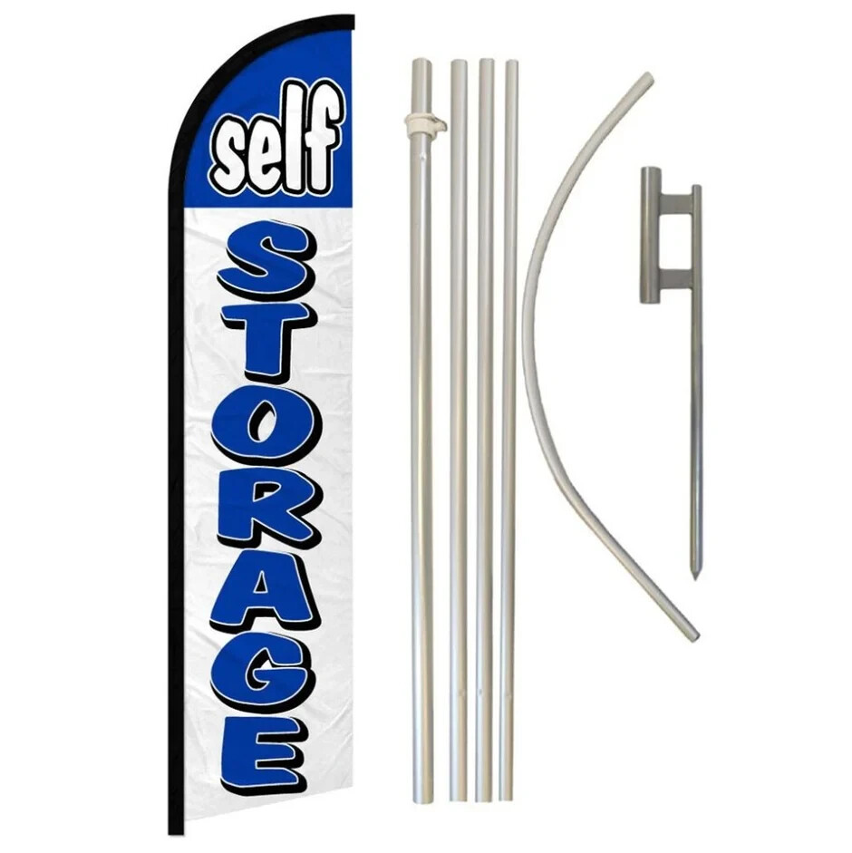 Self Storage Windless Full Curve Advertising Banner Flag & Pole Kit (BL/WH)