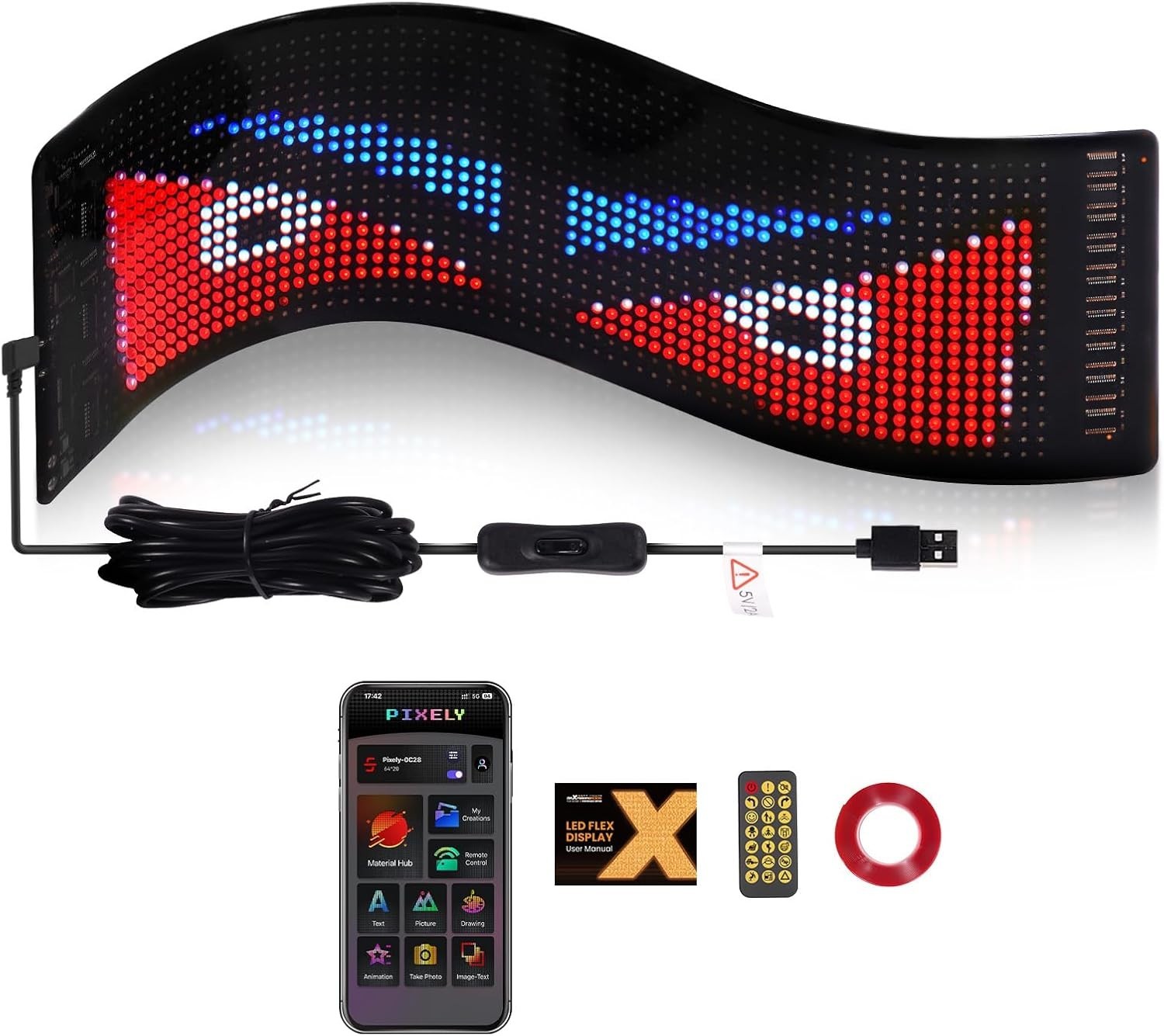 Flexible LED Display for Cars – 14″x4″ Waterproof RGB Sign with Remote Control