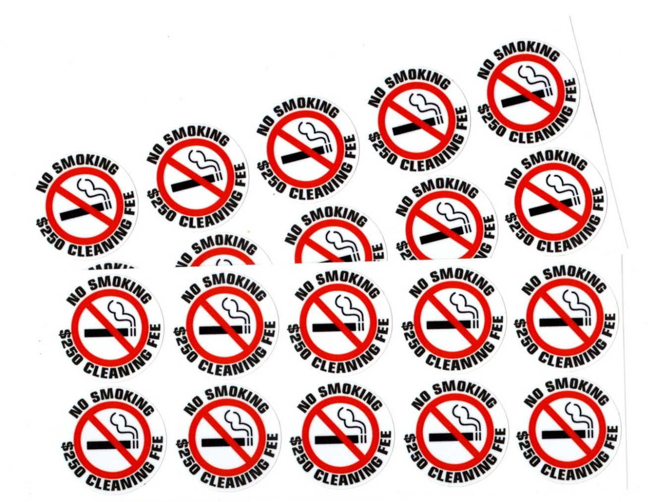 20 – NO SMOKING $250 CLEANING FEE sticker | white | 1.5″ dia | outdoor durable