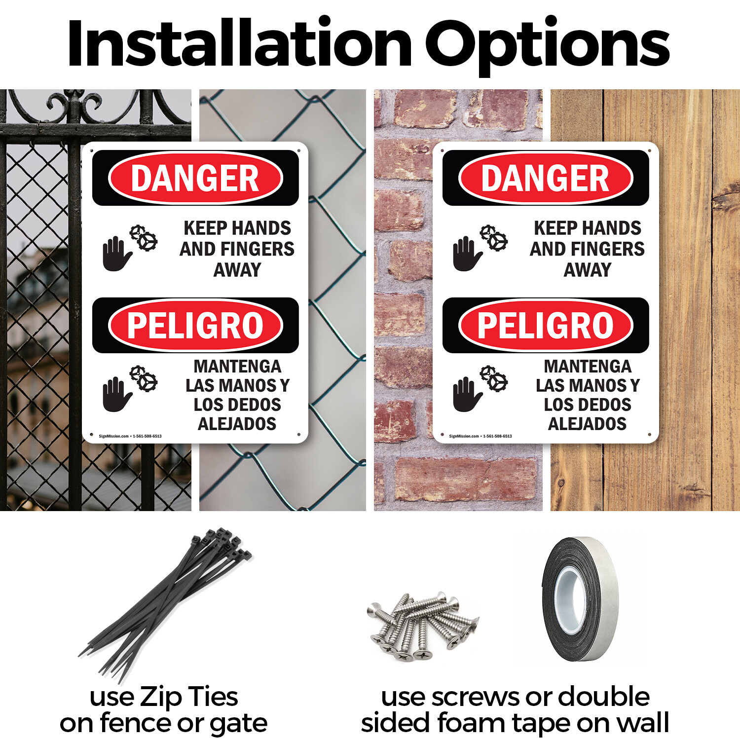 (2 Pack) Keep Hands And Fingers Away Bilingual OSHA Danger Sign Decal Metal