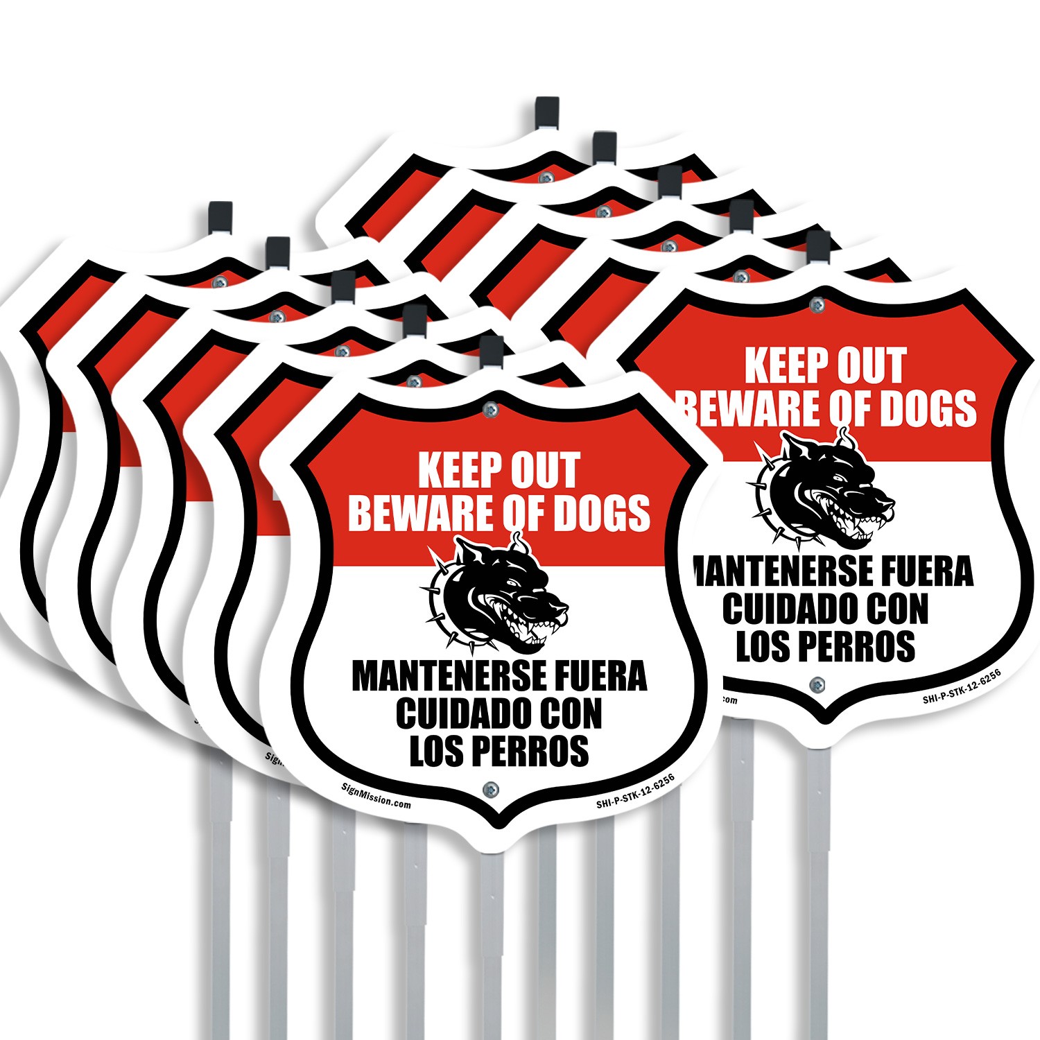 Keep Out Beware of Dogs Bilingual English Spanish Shield Shaped Sign With Stake