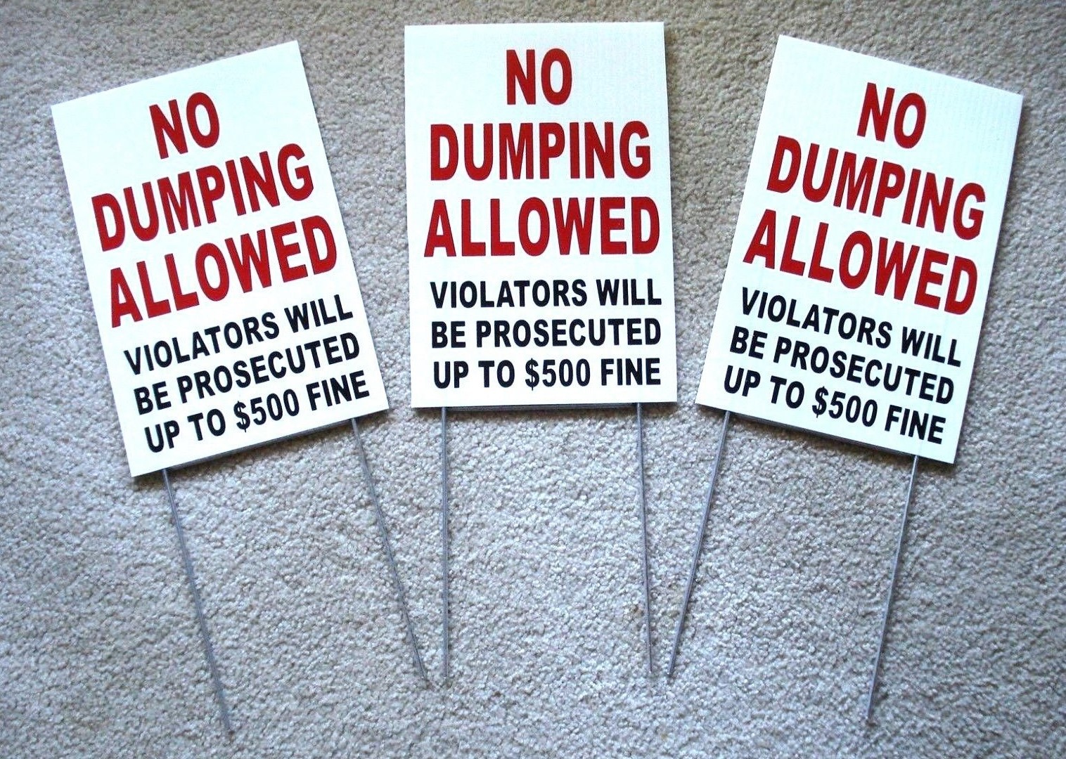 (3) NO DUMPING ALLOWED 8″x12″ Plastic Coroplast Signs w/ Slide-in-Stakes