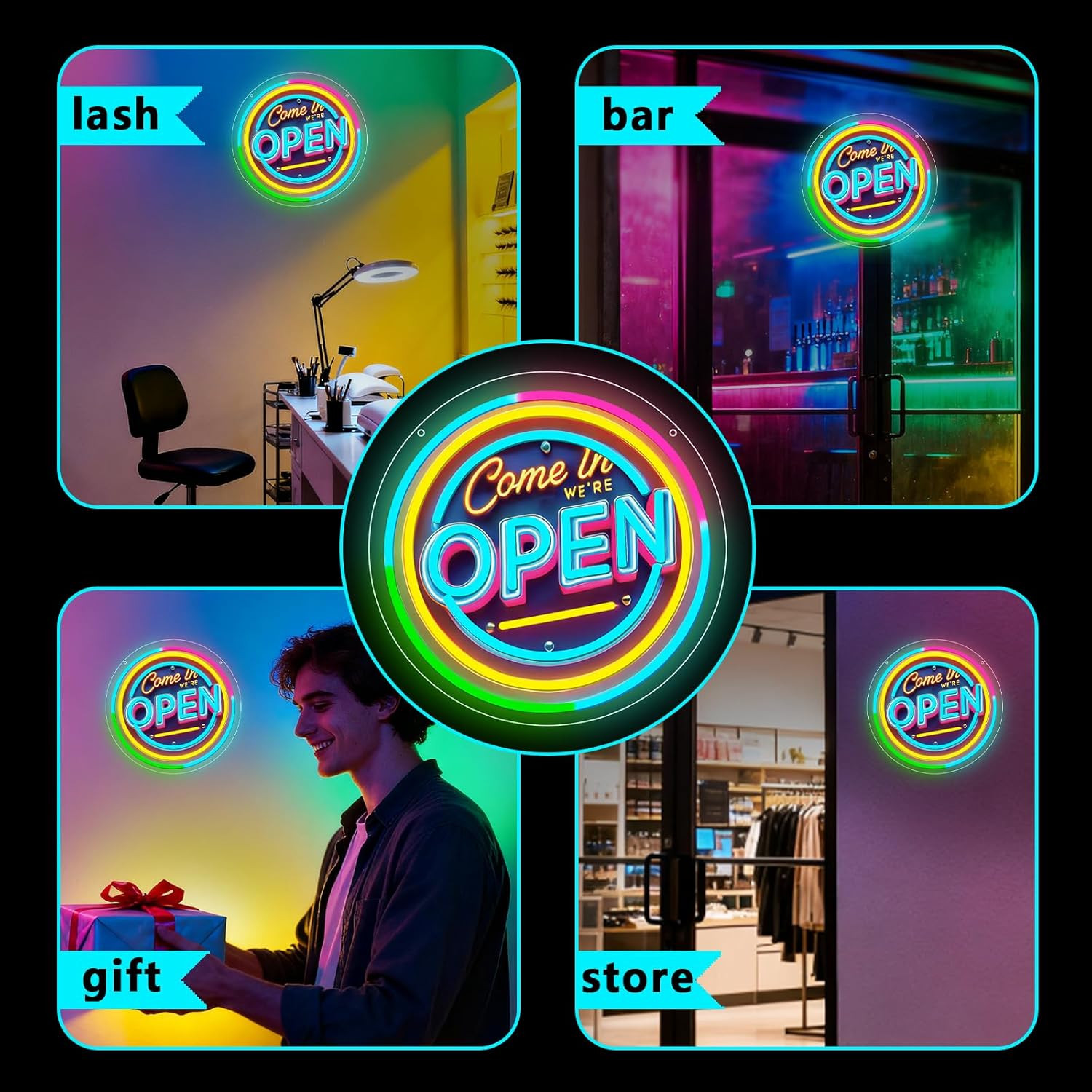 Neon Open Sign for Business, 13 * 13” Colorful Adjustable Brightness Come in We
