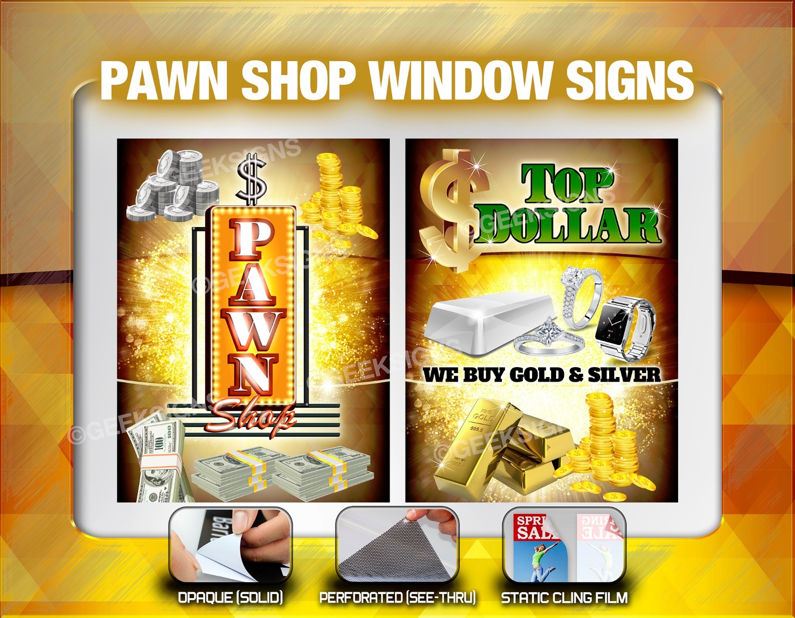 Pawn Shop we buy gold silver coins cash WINDOW SIGNS poster banner neon