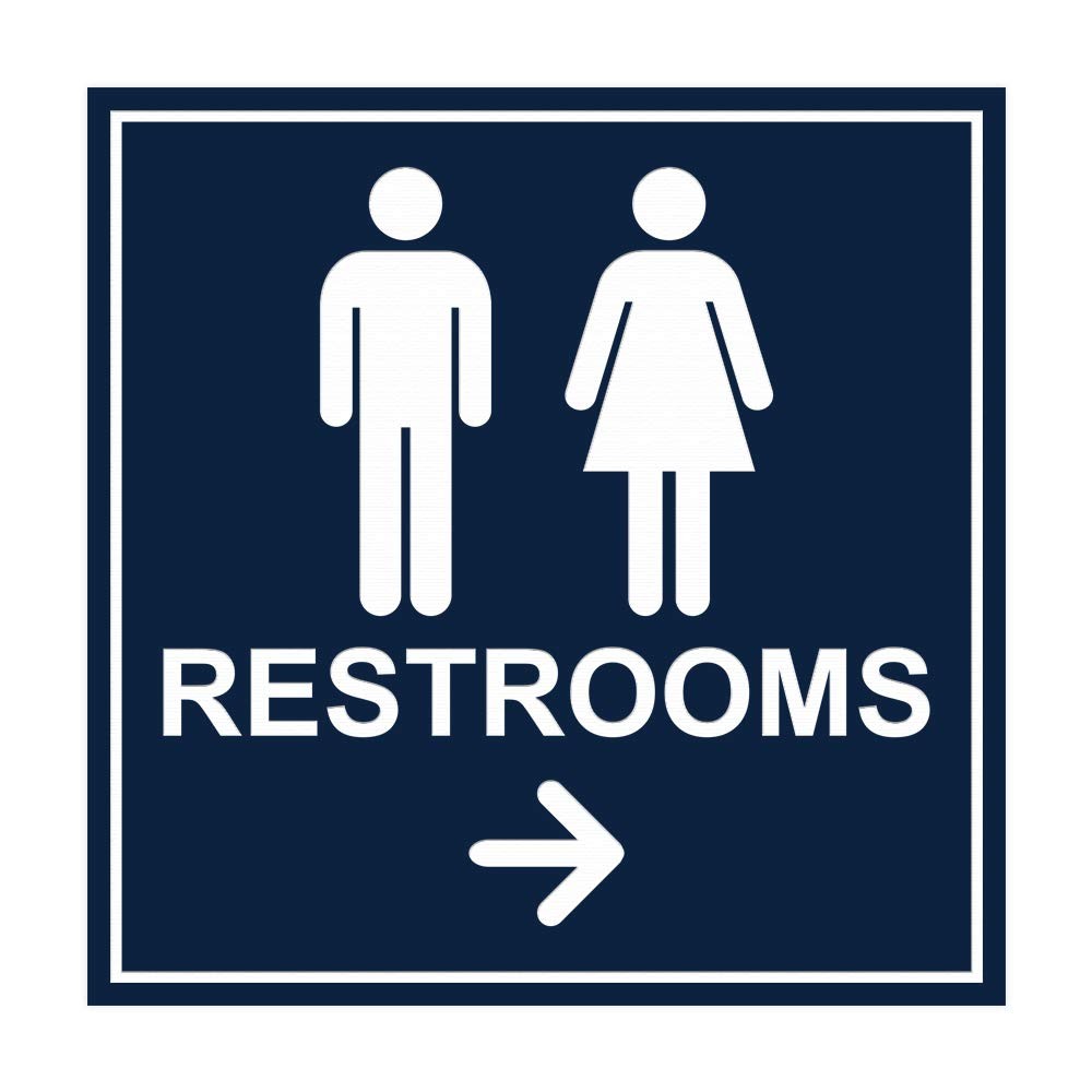 1 Pack Square Restrooms Right Arrow Sign Navy Blue White Large Wall Plate