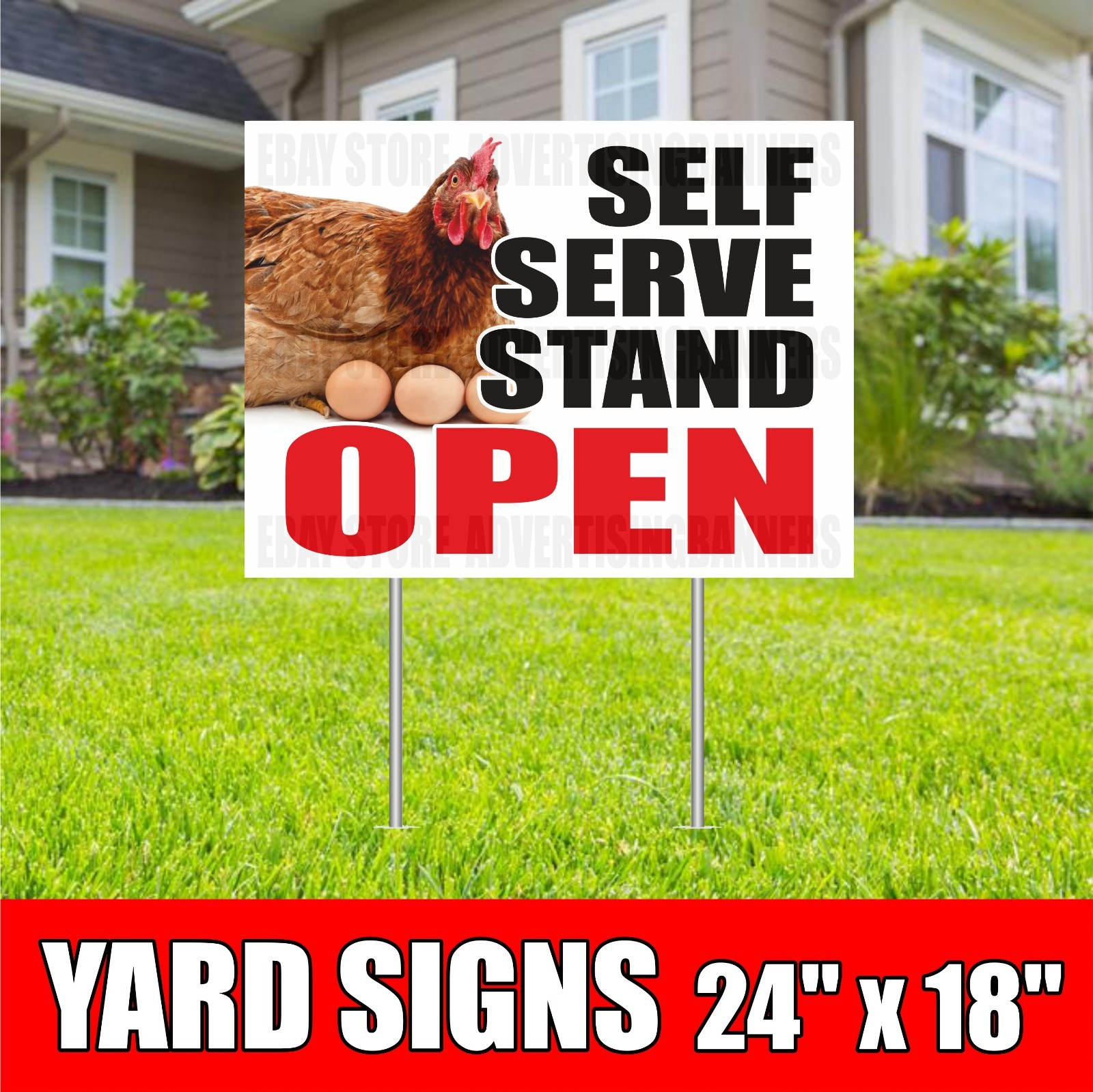 SELF SERVE STAND OPEN Yard Sign with H-Stakes Basket Chicken Duck Eggs Sold Here