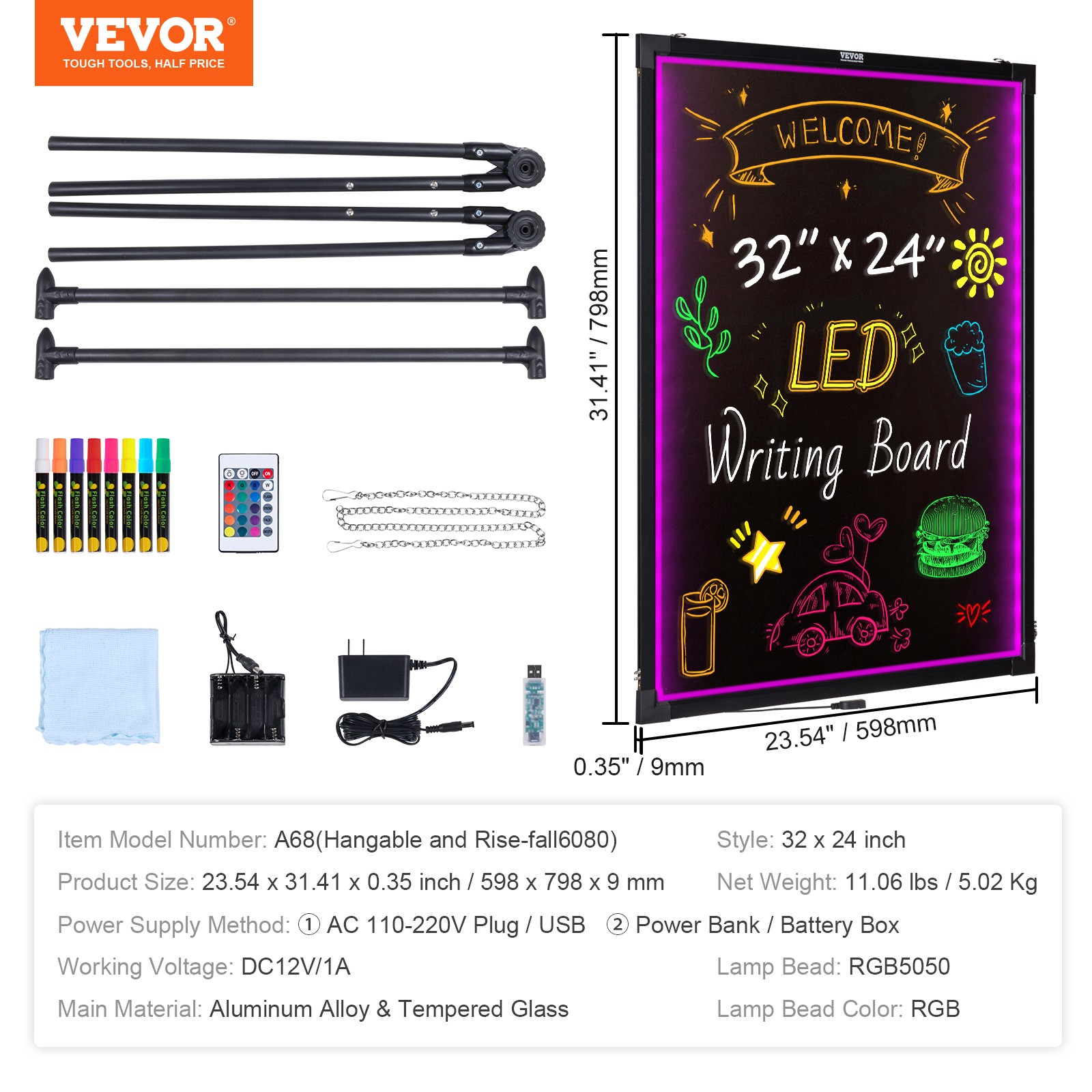 VEVOR LED Message Writing Board 32″x24″ Illuminated Erasable Lighted Chalkboard