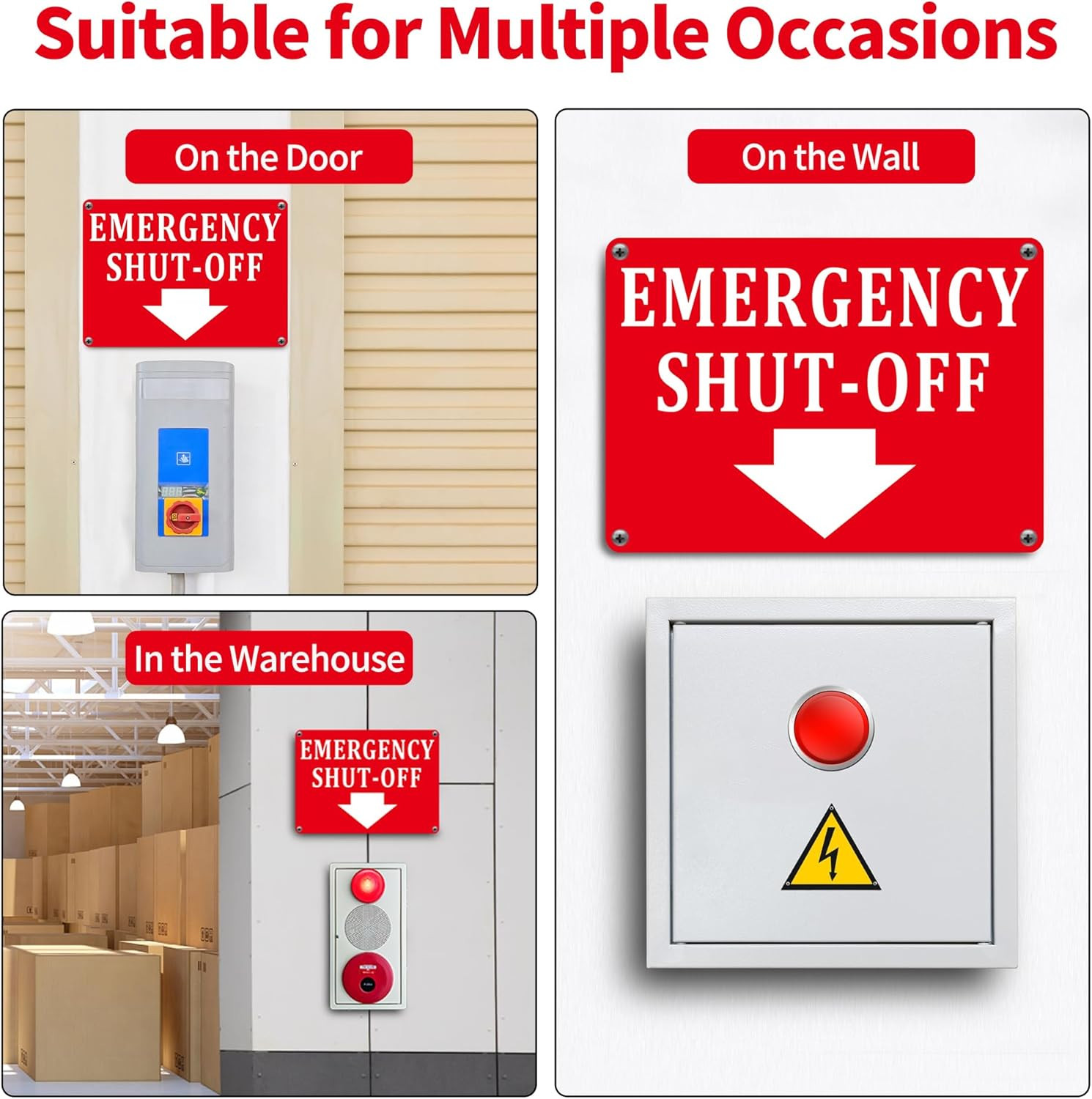 (2 Pack) Aluminum Emergency Shut-Off Sign, Emergency Shut-Off Signs with Down Ar
