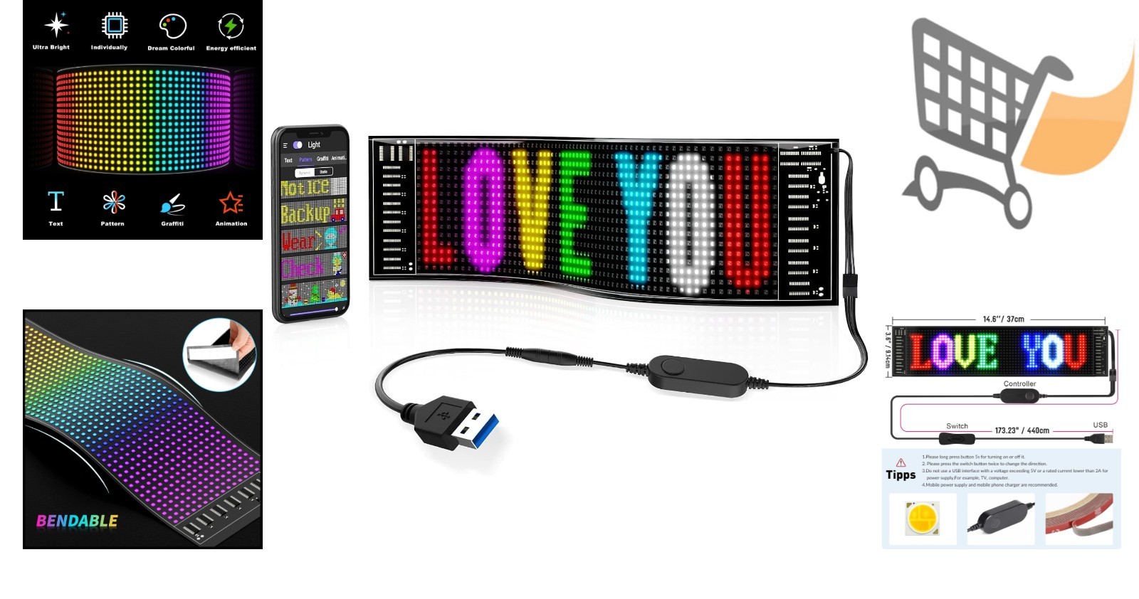 Scrolling Bright LED Sign Flexible USB 5V Bluetooth App Control Custom Text