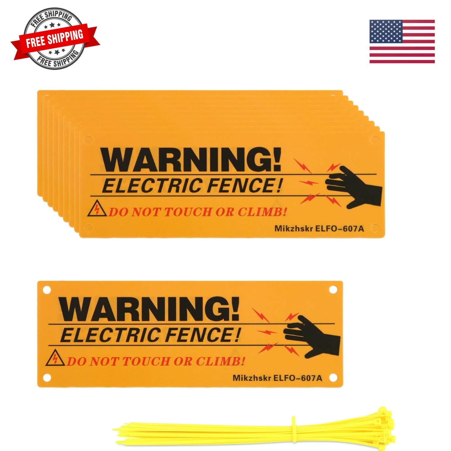 Electric Fence Warning Signs with Zip Ties 10 x 3.5 Inch Plastic Yellow Elect…