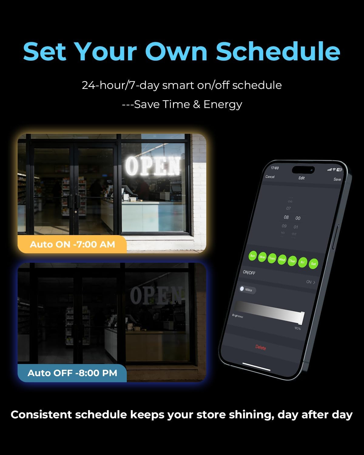 Jumbo 40″x14″ LED Open Sign with Timer & Remote for Storefronts & Cafes