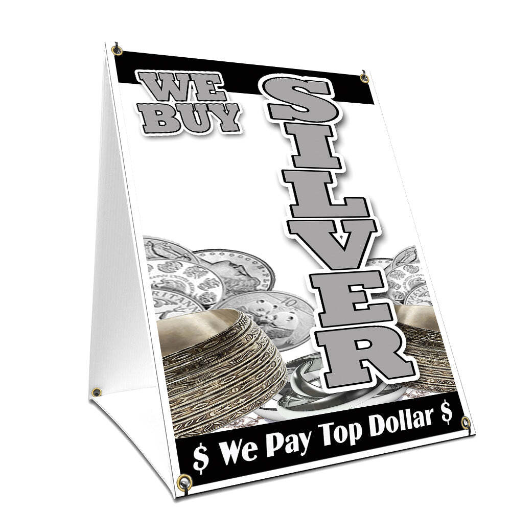 A-frame Sidewalk We Buy Silver Vertical Sign With Graphics On Each Side