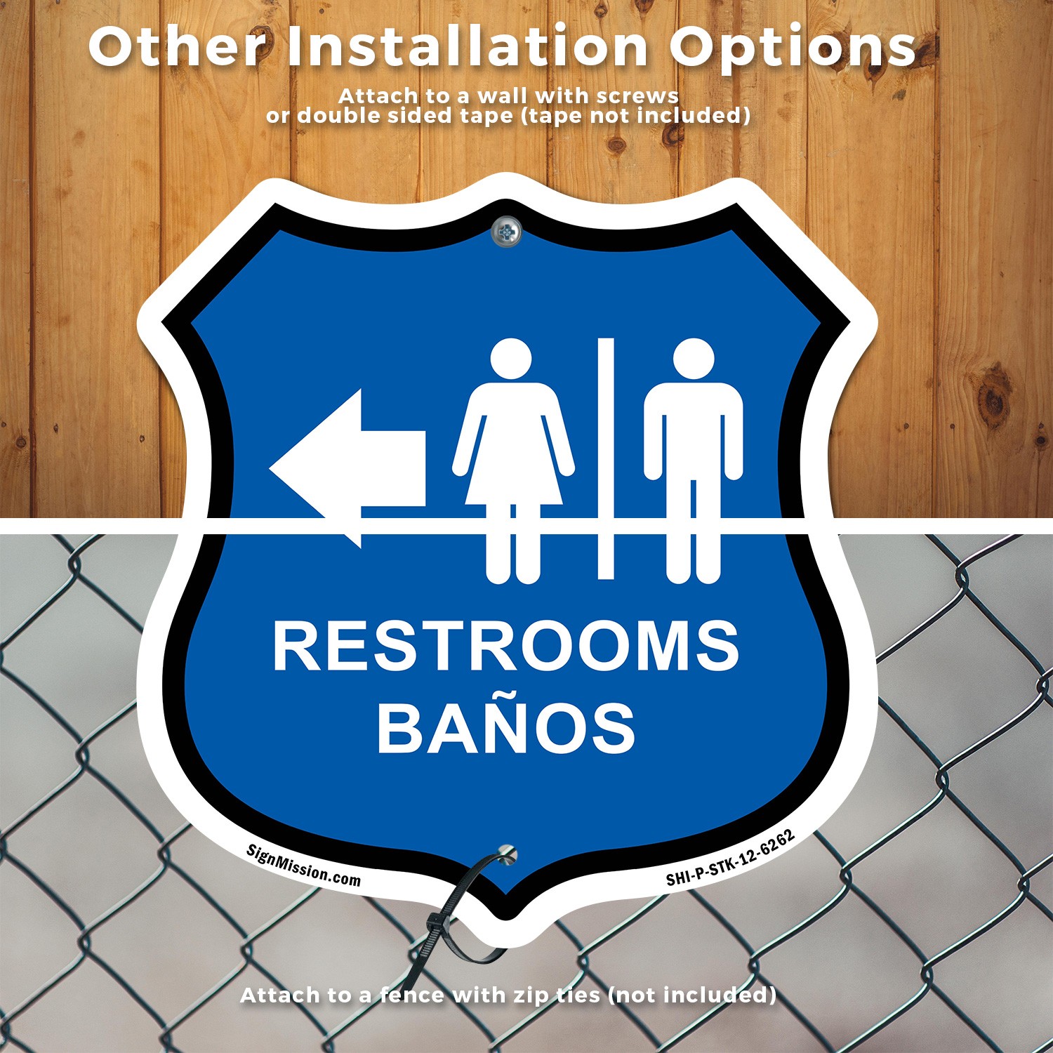 Restrooms Ba�os Left Arrow Bilingual English / Spanish Shield Sign With Stake